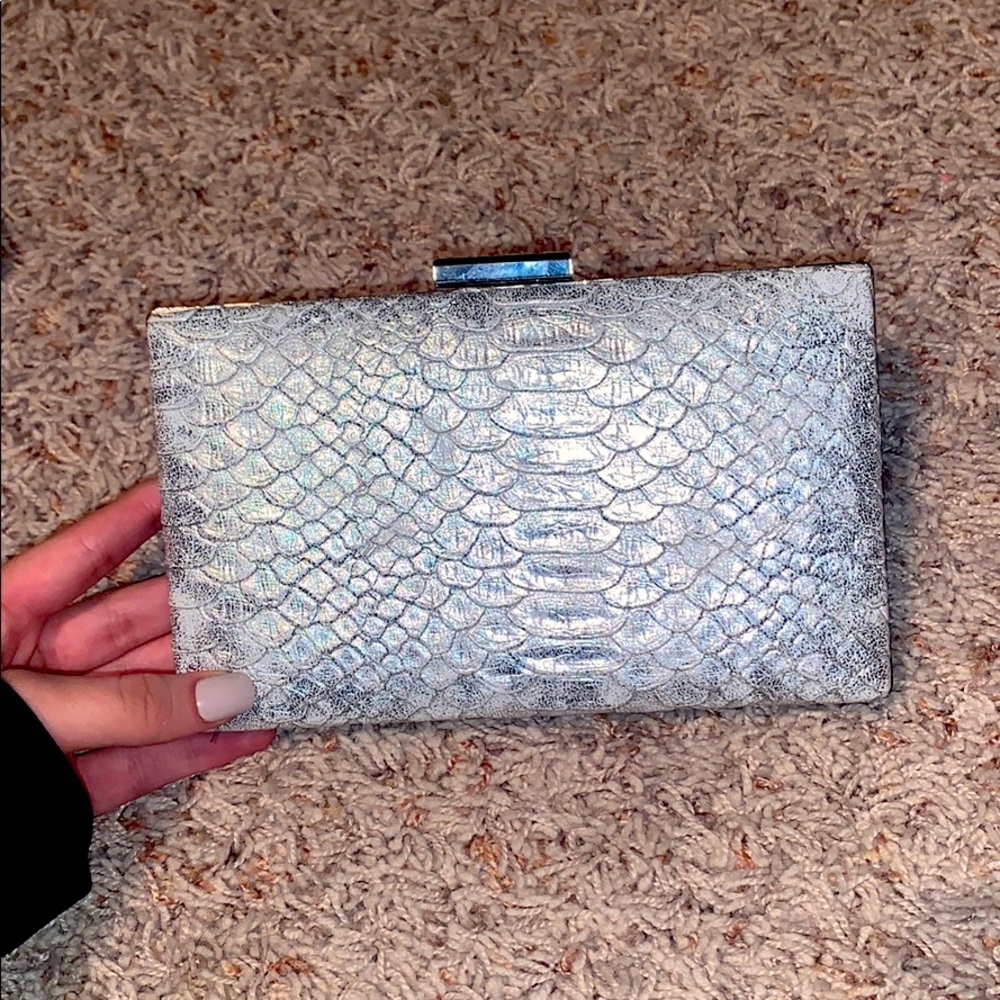 Charming Charlie Silver Snake Skin Clutch Purse